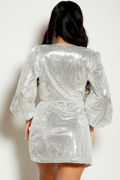 White Silver Sequin Wrap Around Belted Party Dress - AMIClubwear