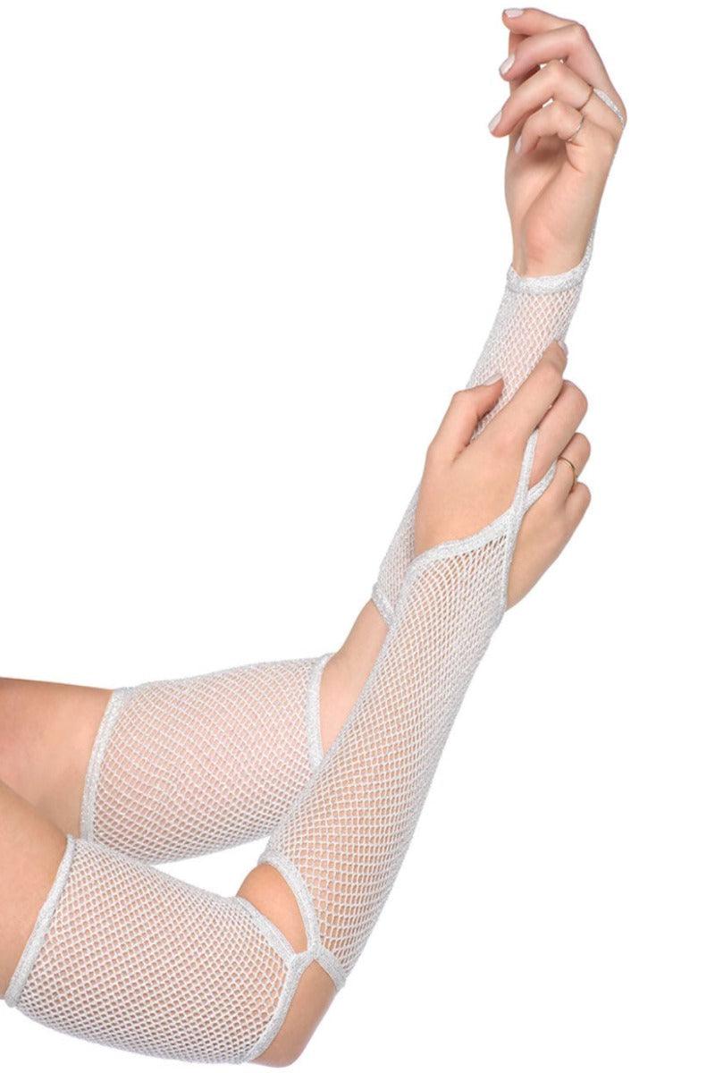 White Silver Shimmery Fishnet Arm Warmer - AMIClubwear