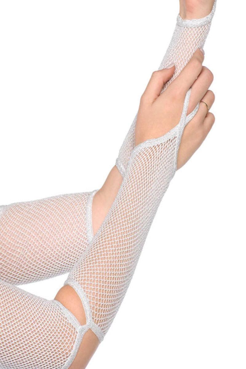 White Silver Shimmery Fishnet Arm Warmer - AMIClubwear