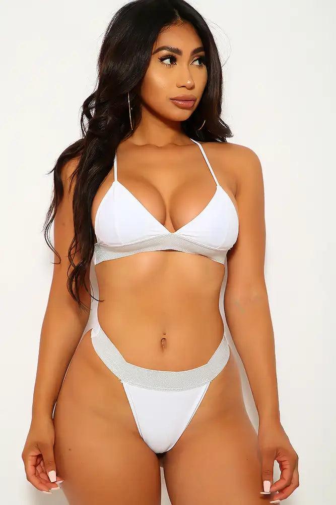 White Silver Shimmery Two Piece Swimsuit - AMIClubwear
