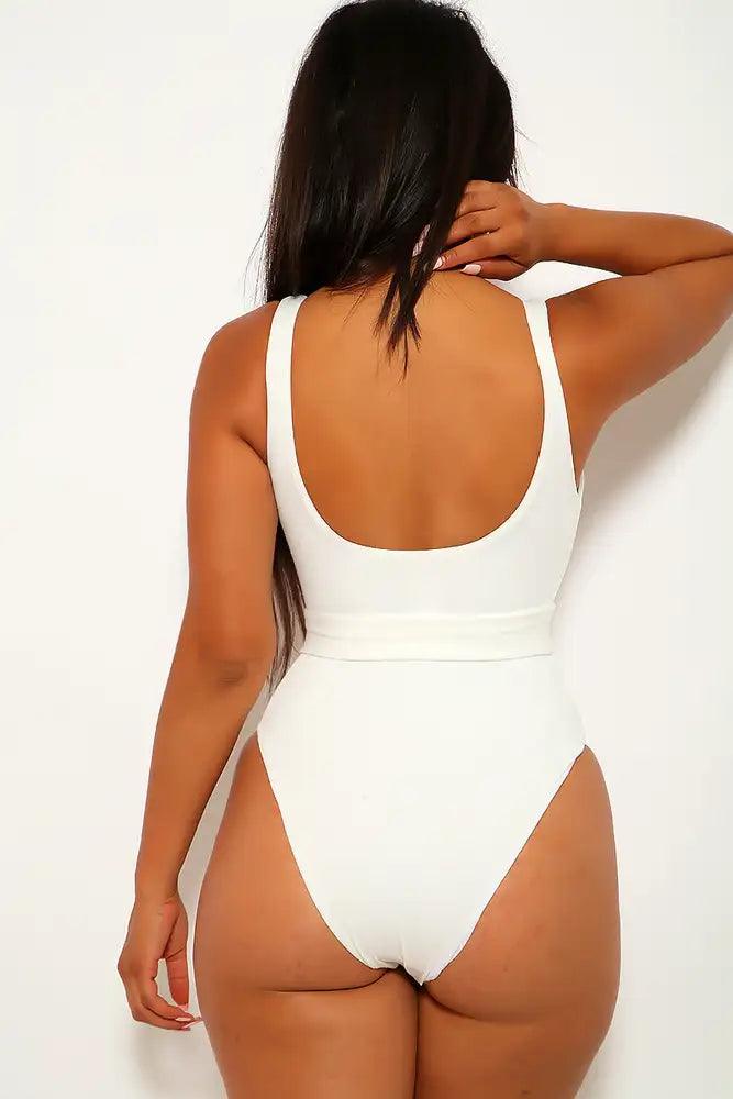 White Sleeveless Belted Swimsuit - AMIClubwear