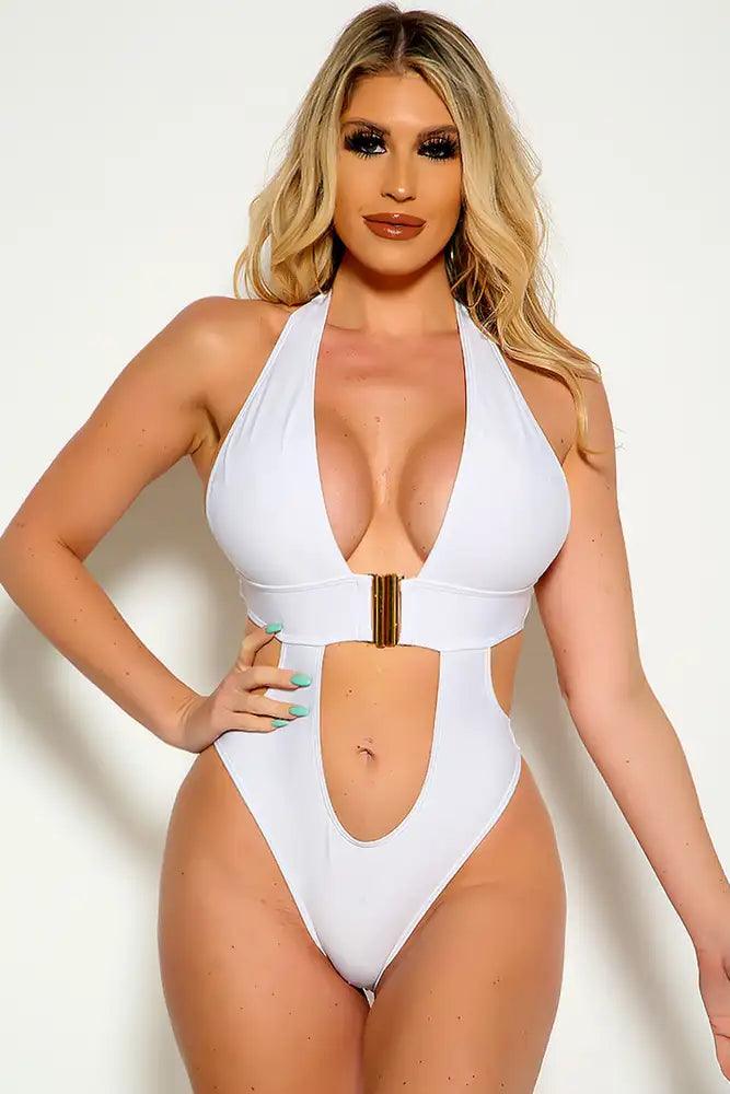 White Sleeveless Cut Out High Polish Buckle One Piece Swimsuit - AMIClubwear