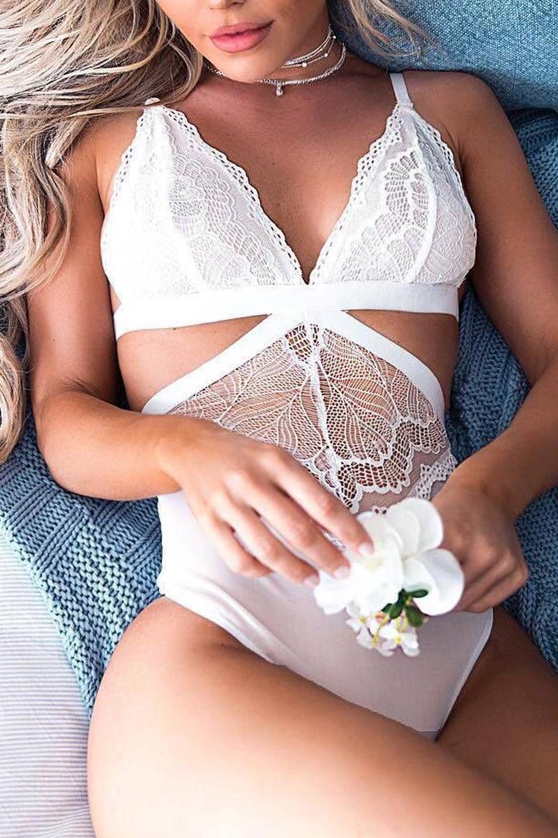 White Sleeveless Lace Cut Out Sexy One Piece Teddy - AMIClubwear
