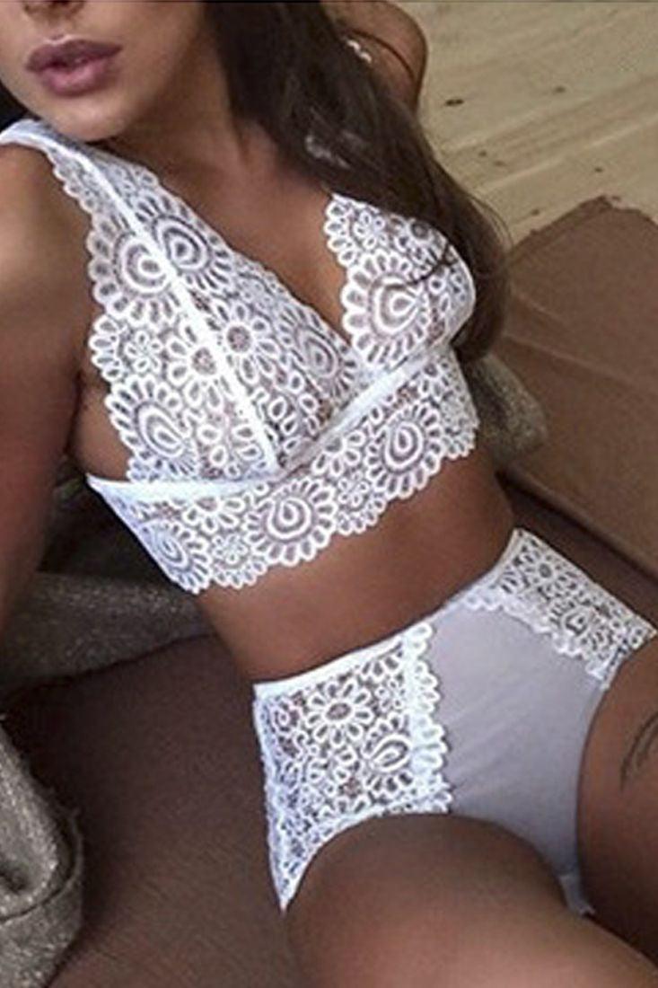 White Sleeveless Lace High Waist Two Piece Lingerie - AMIClubwear