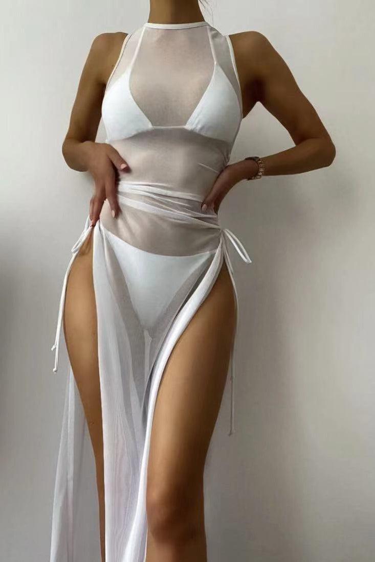 White Sleeveless Mesh Coverup Three Piece Swimsuit - AMIClubwear