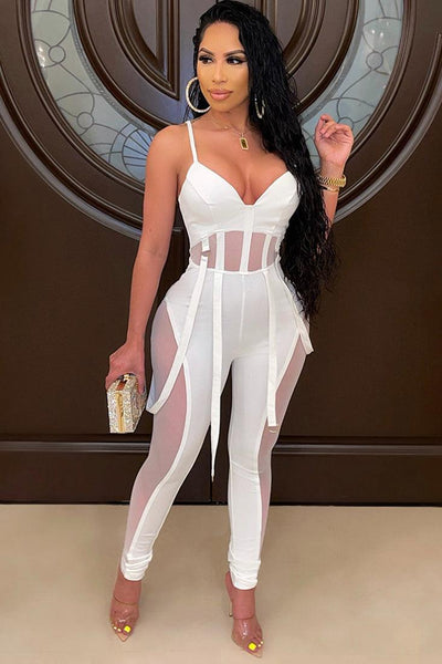 White Sleeveless Mesh Jumpsuit - AMIClubwear