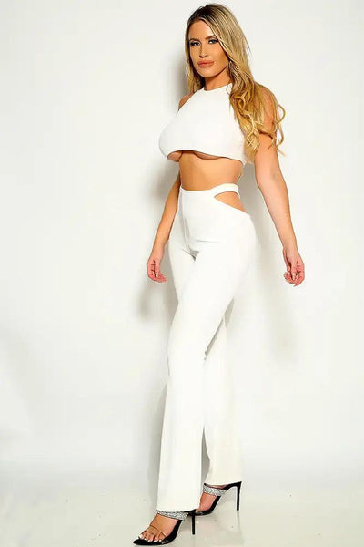 White Sleeveless Ribbed Cropped Cut Out Flared Two Piece Outfit - AMIClubwear