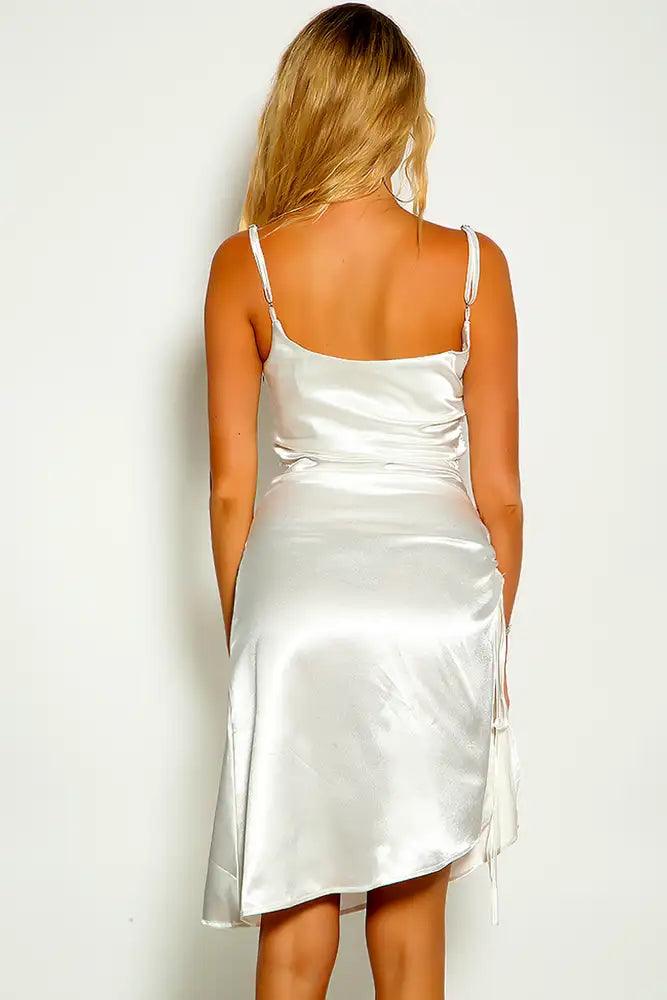 White Sleeveless Ruched Faux Satin Party Dress - AMIClubwear