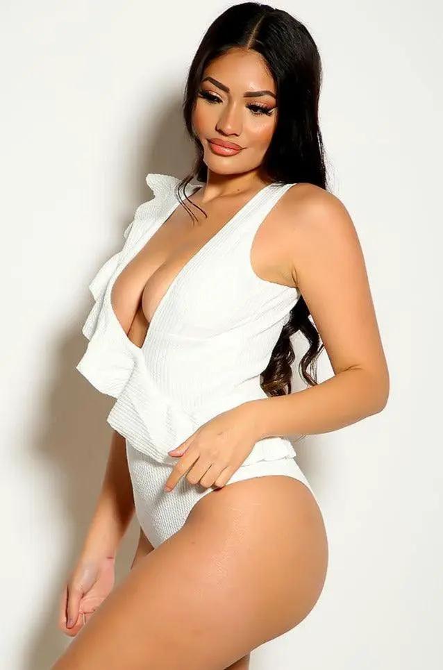 White Sleeveless Ruffled One Piece Swimsuit