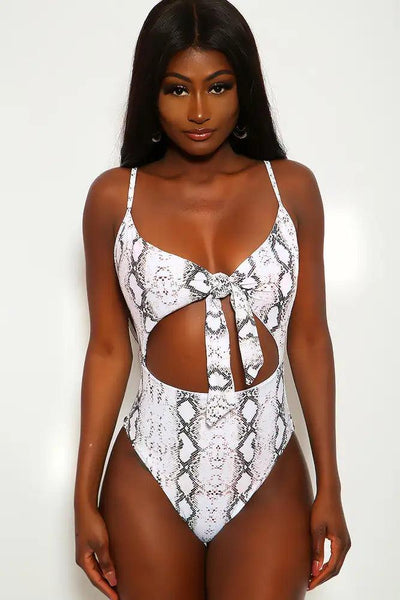 White Snake Bow Tie Cut Out One Piece Swimsuit - AMIClubwear