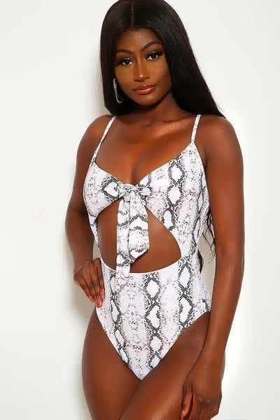 White Snake Bow Tie Cut Out One Piece Swimsuit - AMIClubwear