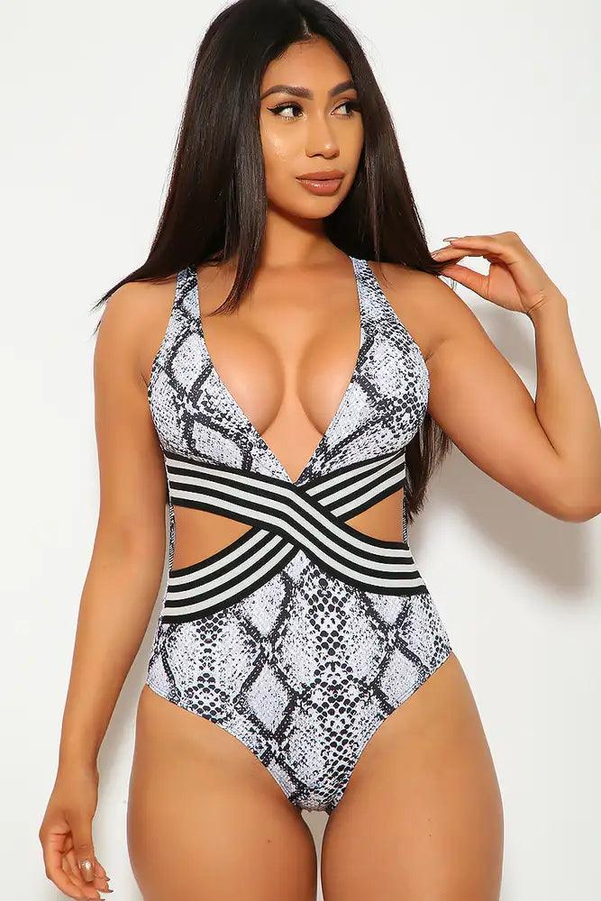 White Snake Print Cut Out One Piece Swimsuit - AMIClubwear