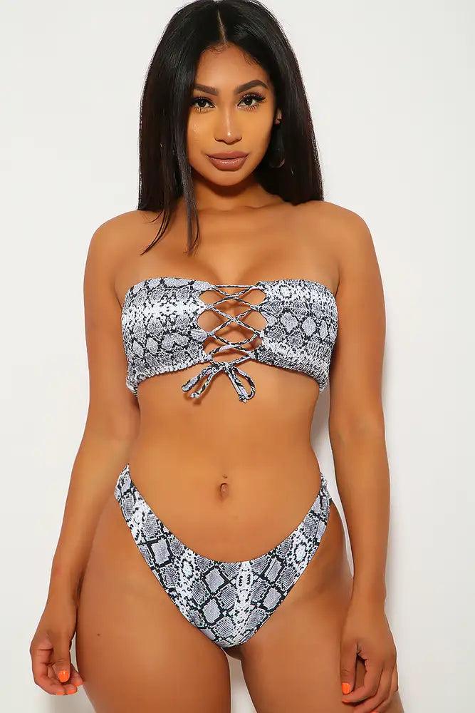 White Snake Print Lace Up Two Piece Swimsuit - AMIClubwear