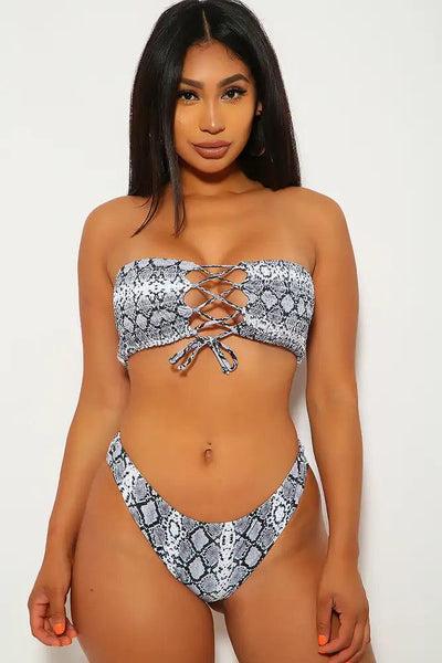 White Snake Print Lace Up Two Piece Swimsuit - AMIClubwear