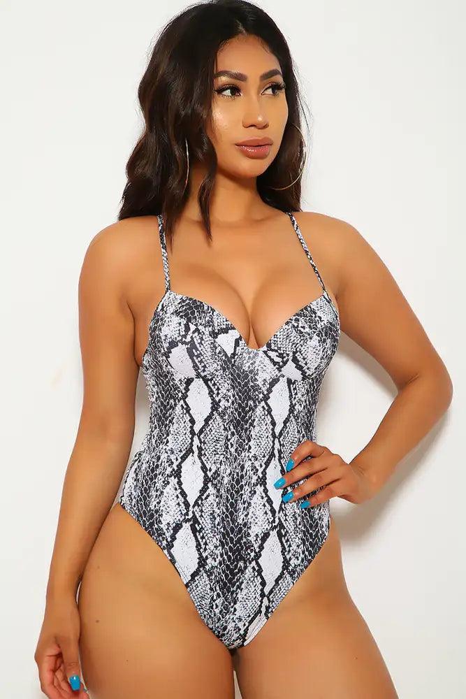 White Snake Print One Piece Swimsuit - AMIClubwear