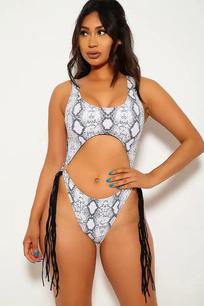 White Snake Print One Piece Swimsuit - AMIClubwear