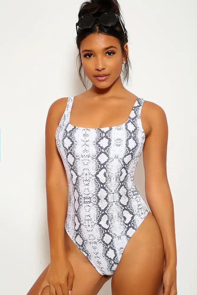 White Snake Print One Piece Swimsuit - AMIClubwear