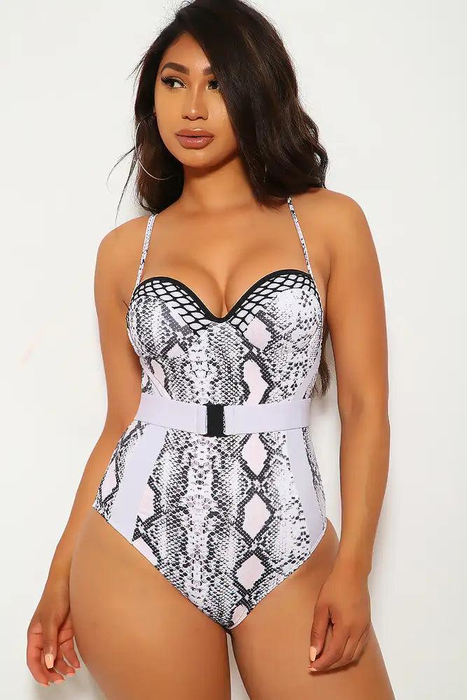 White Snake Print One Piece Swimsuit - AMIClubwear