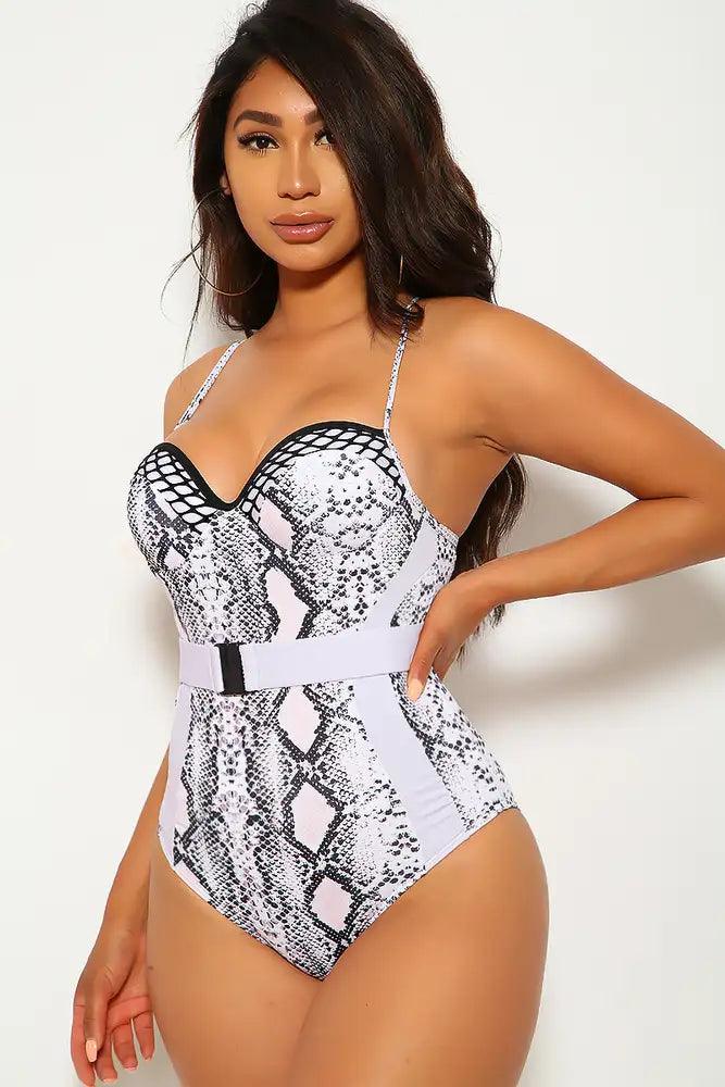 White Snake Print One Piece Swimsuit - AMIClubwear