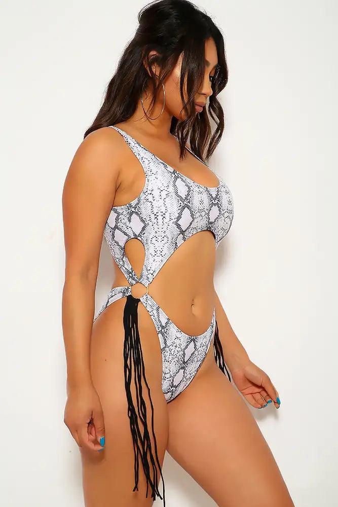 White Snake Print One Piece Swimsuit - AMIClubwear