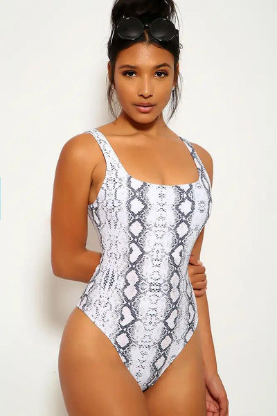 White Snake Print One Piece Swimsuit - AMIClubwear