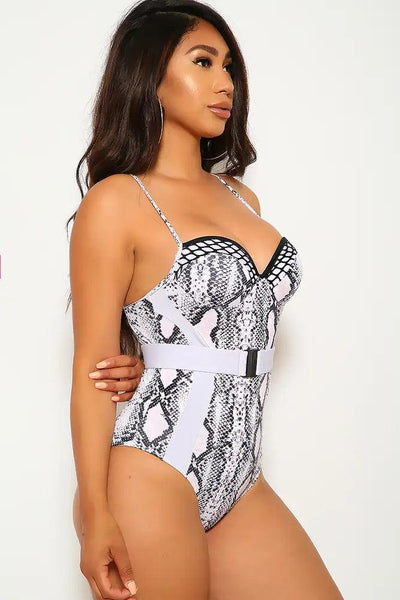 White Snake Print One Piece Swimsuit - AMIClubwear