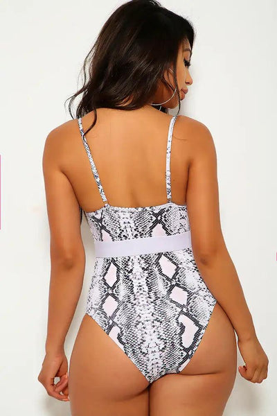 White Snake Print One Piece Swimsuit - AMIClubwear