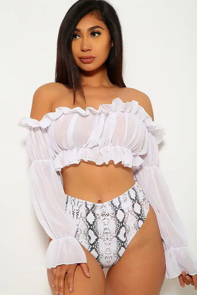 White Snake Print Ruffled Two Piece Swimsuit - AMIClubwear