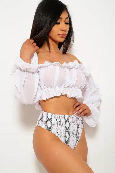 White Snake Print Ruffled Two Piece Swimsuit - AMIClubwear