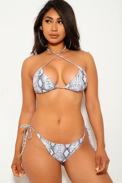 White Snake Print Triangle Halter Sexy Two Piece Swimsuit - AMIClubwear