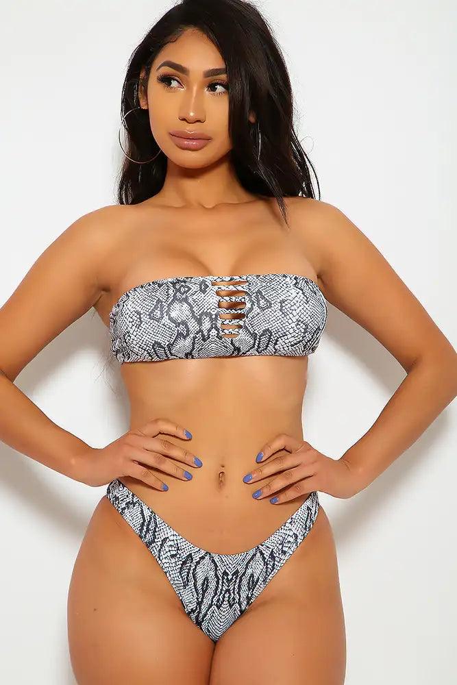 White Snake Print Two Piece Cut Out Swimsuit - AMIClubwear