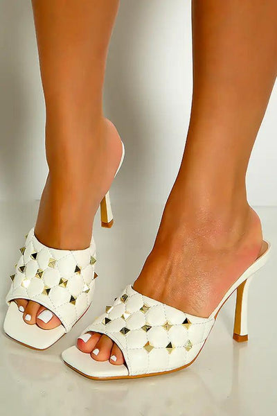 White Square Open Toe Studded Quilted Slip On Heels - AMIClubwear