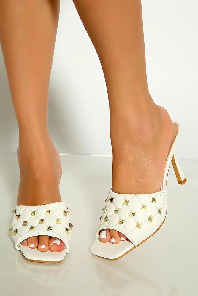 White Square Open Toe Studded Quilted Slip On Heels - AMIClubwear