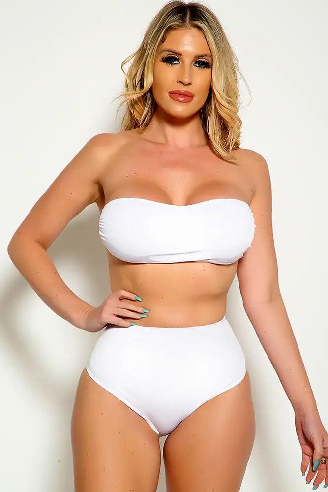 White Strapless High Waist Mesh Wrap Cover Up 3 Piece Swimsuit - AMIClubwear