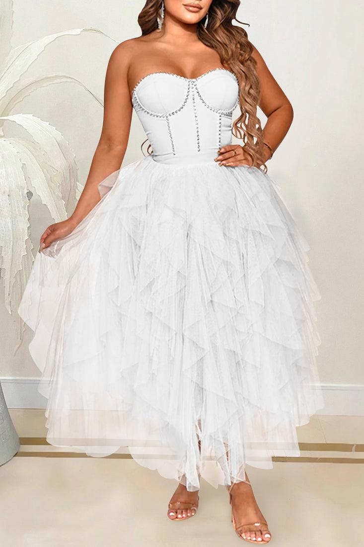 White Strapless Layered Tulle Sexy Party Dress - AMIClubwear