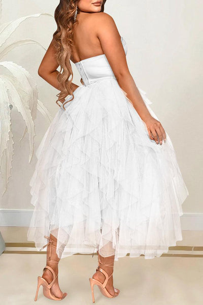 White Strapless Layered Tulle Sexy Party Dress - AMIClubwear
