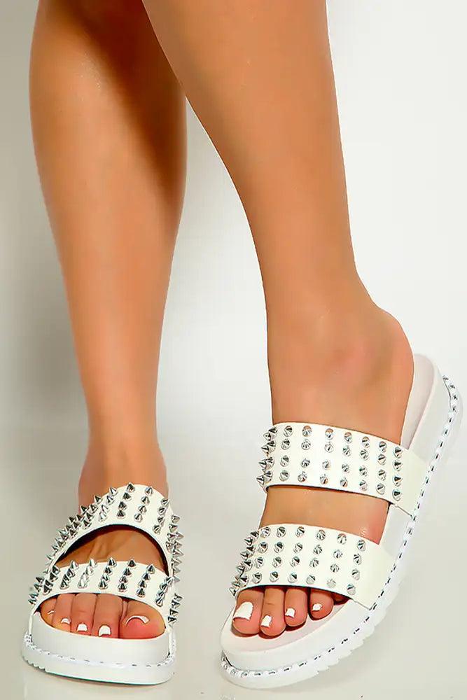 White Strappy Studded Open Toe Slip On Sandals - AMIClubwear