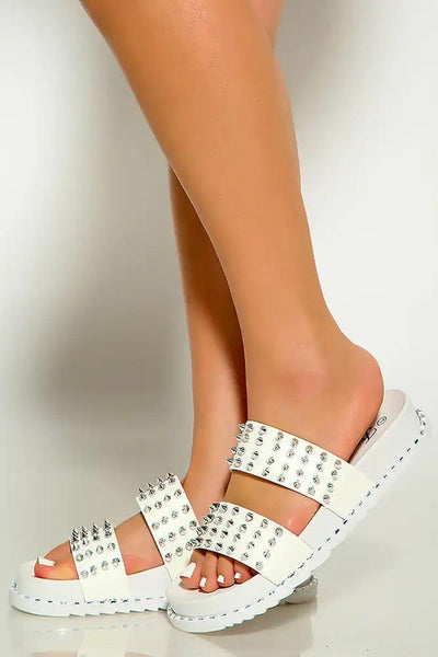 White Strappy Studded Open Toe Slip On Sandals - AMIClubwear