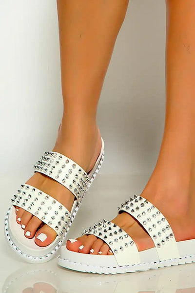 White Strappy Studded Open Toe Slip On Sandals - AMIClubwear