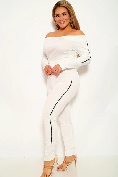 White Striped Off The Shoulder Plus Size Two Piece Outfit - AMIClubwear