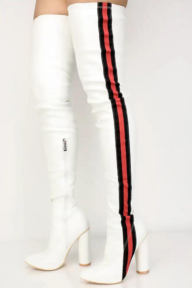 White Striped Pointy Toe Thigh High Chunky Boots - AMIClubwear