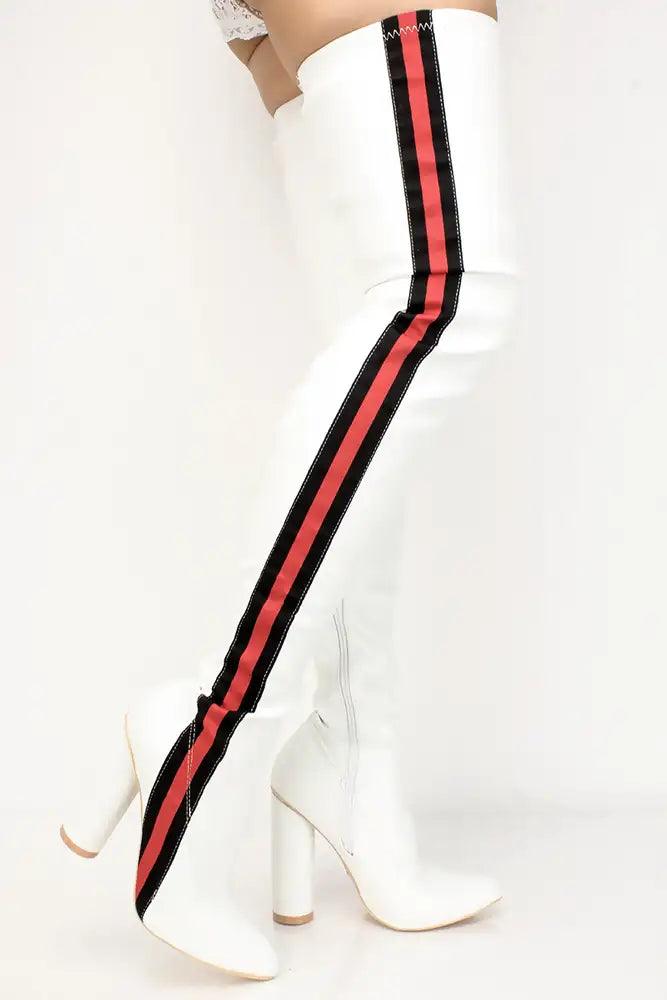 White Striped Pointy Toe Thigh High Chunky Boots - AMIClubwear