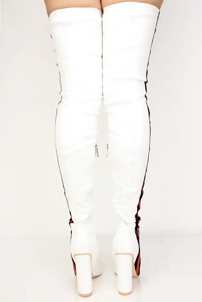 White Striped Pointy Toe Thigh High Chunky Boots - AMIClubwear