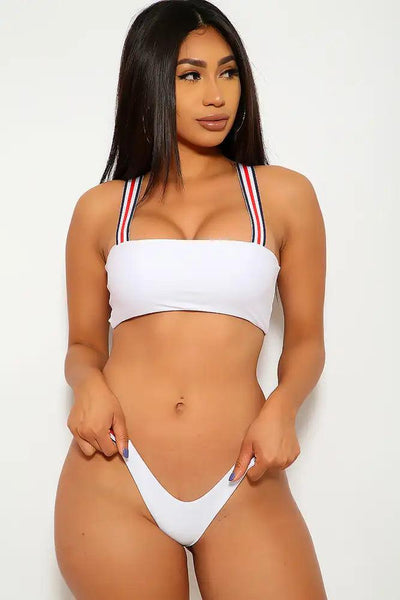 White Striped Two Piece Swimsuit - AMIClubwear