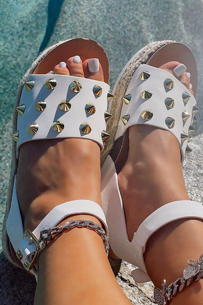 White Studded Open Toe Two Tone Wedges - AMIClubwear