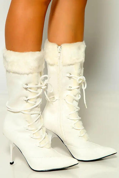 White Suede Faux Fur Trim Lace Up High Heel Boots - AMIClubwear