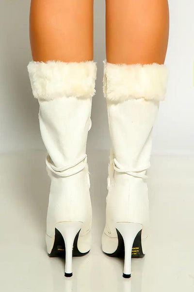 White Suede Faux Fur Trim Lace Up High Heel Boots - AMIClubwear