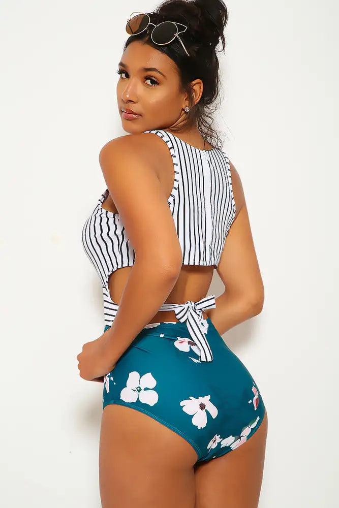 White Teal Floral Striped One Piece Swimsuit - AMIClubwear