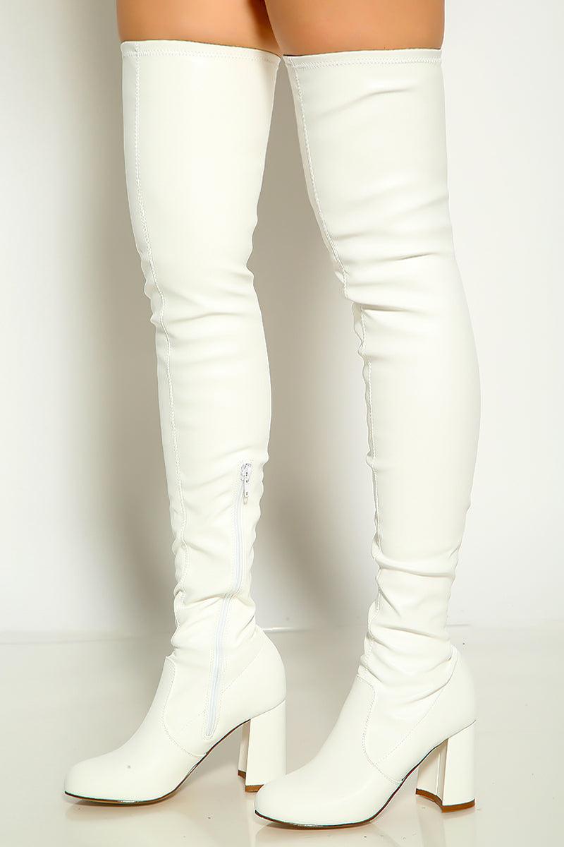 White Thigh High Boots Chunky Heels - AMIClubwear