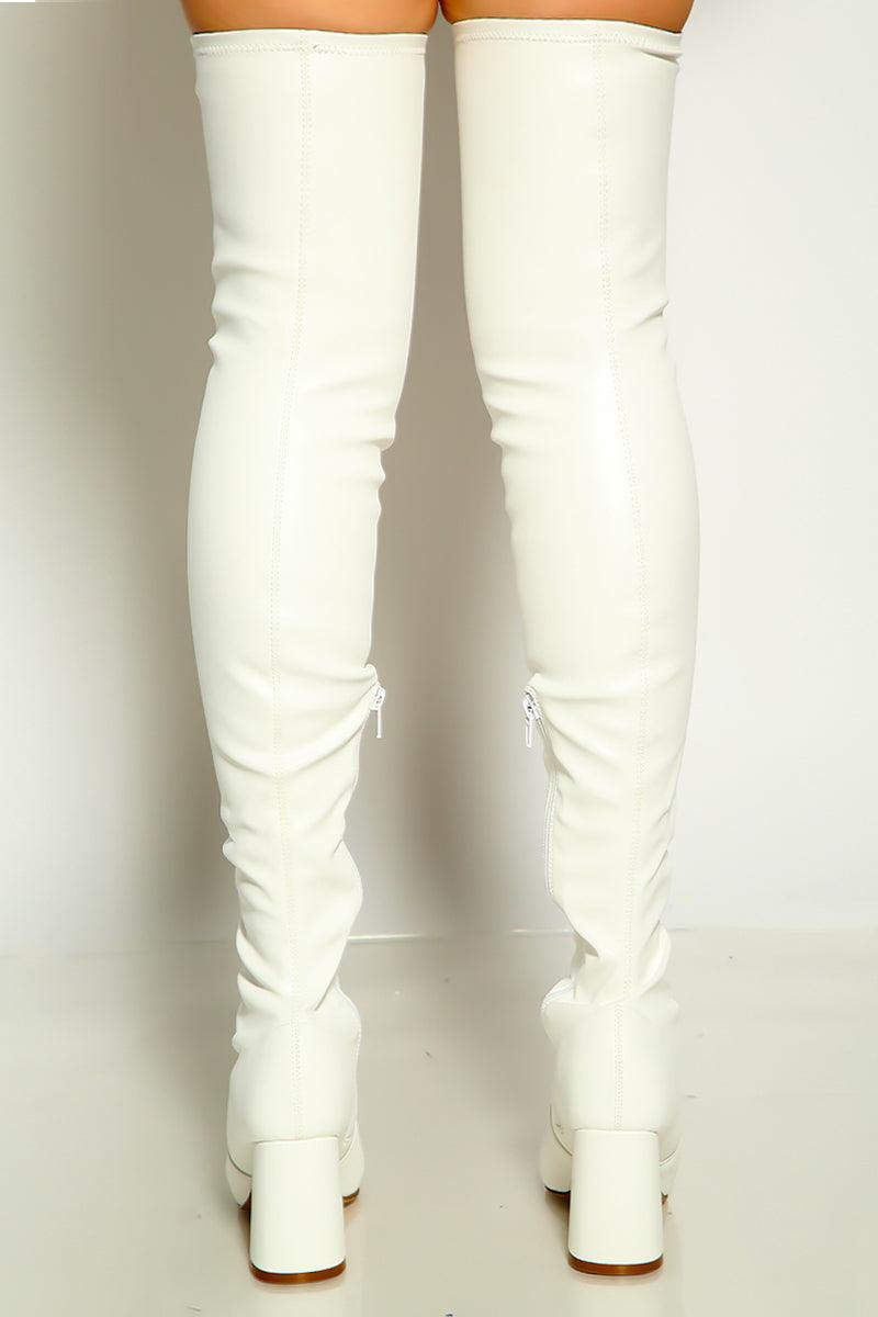 White Thigh High Boots Chunky Heels - AMIClubwear